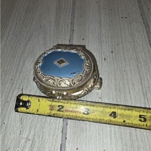 Antique Mini Trinket Jewelry Box Beautiful Deep Blue Silver Tone Oval Lined - Picture 6 of 7